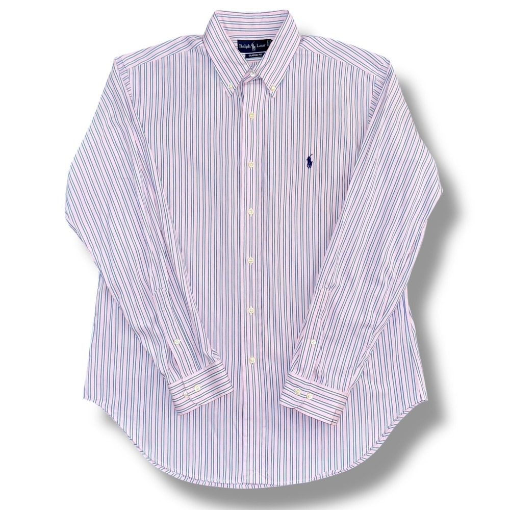 Ralph Lauren Classic Fit Men's‎ L 16 34/35 Pink Blue Stripe Button Down Shirt - Picture 4 of 6